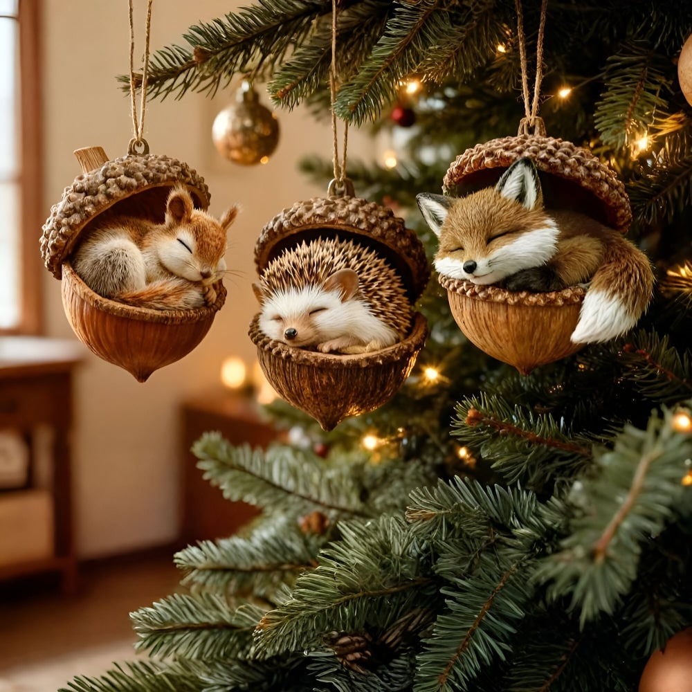 Christmas Ornaments Woodland Animal Acorn Hanging Tree Decor - Image 1