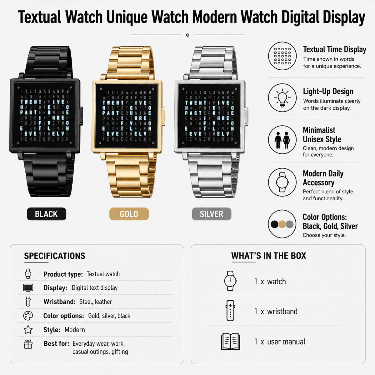 Textual Display Digital Watch Wristwatch Light Up Watch - Image 7
